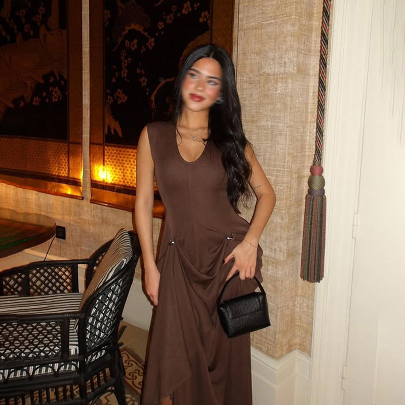 Sexy Sleeveless Dress Summer U Collar Fitted Waist Pleated Design Solid Color Dress Women by Ragazza