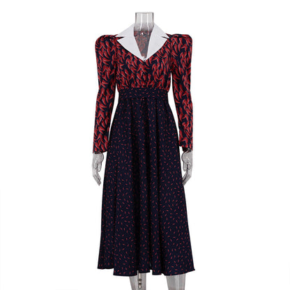 Contrast Color Design Collared Long Sleeve A line Women Waist Controlled Printed Large Swing Dress by Ragazza