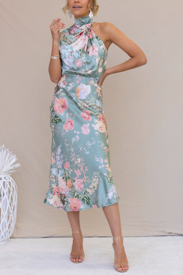 Mature Elegant Women Sleeveless Halter Printed Satin Dress by Ragazza