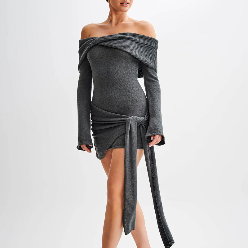 Woolen Women Clothing Sexy Strapless Long Sleeve Lace up Knitted Dress Short for Women by Ragazza