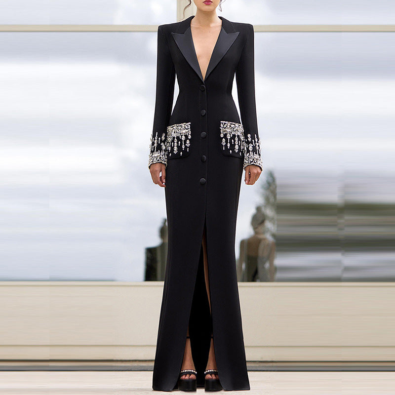 Heavy Industry Beads Diamond Tailored Collar Dress Dress Fishtail Dress by Ragazza