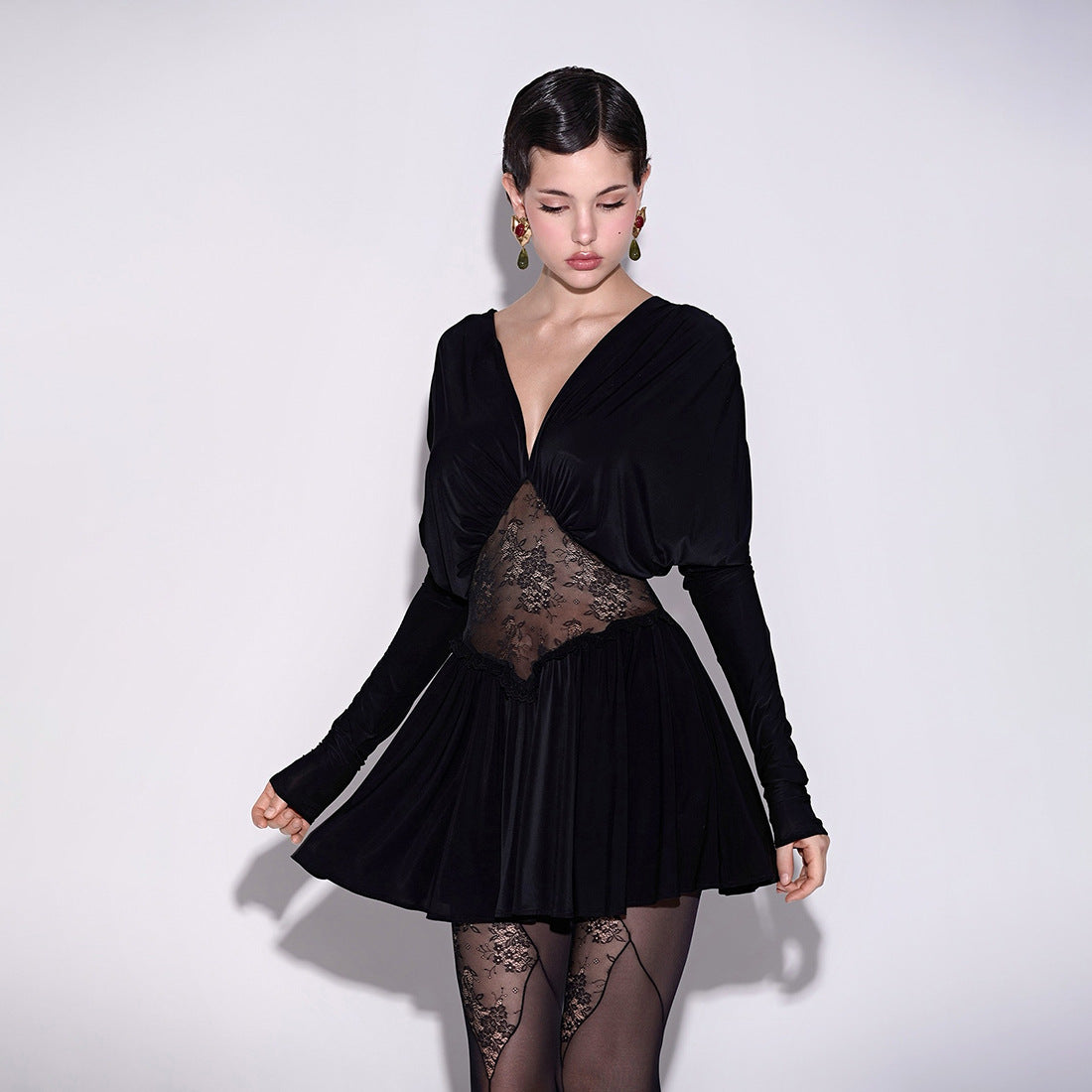 Autumn Sexy Lace See through V neck Patchwork Long Sleeve Short Dress Elegant Dress by Ragazza