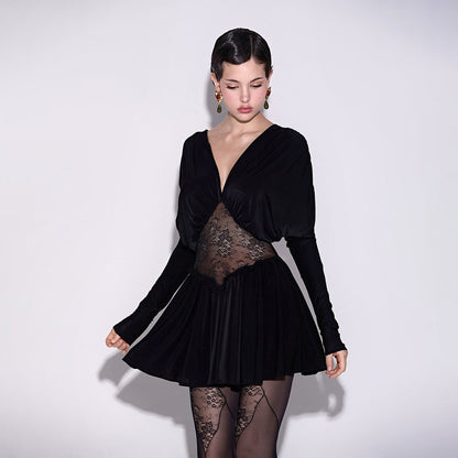 Autumn Sexy Lace See through V neck Patchwork Long Sleeve Short Dress Elegant Dress by Ragazza