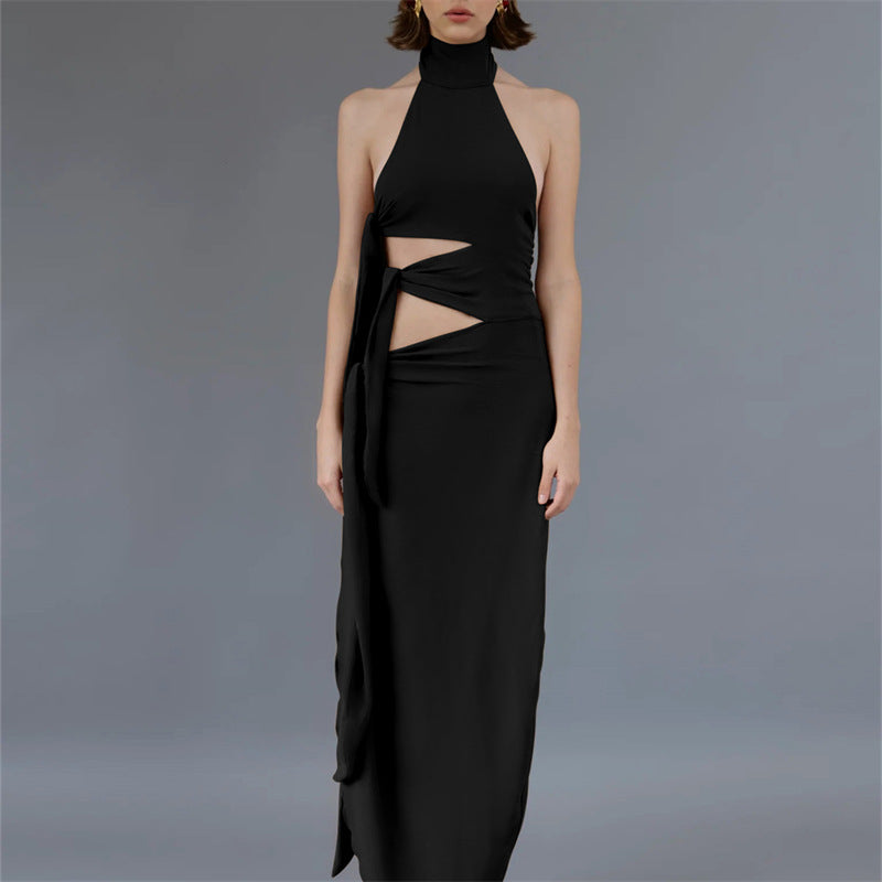 Sexy Hollow Out Cutout Backless Stitching Strap Long Slit Halter Dress Women by Ragazza