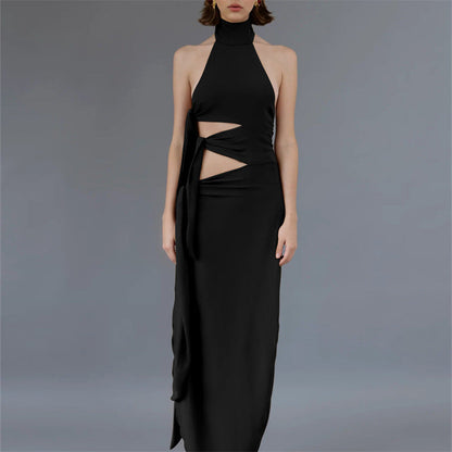 Sexy Hollow Out Cutout Backless Stitching Strap Long Slit Halter Dress Women by Ragazza