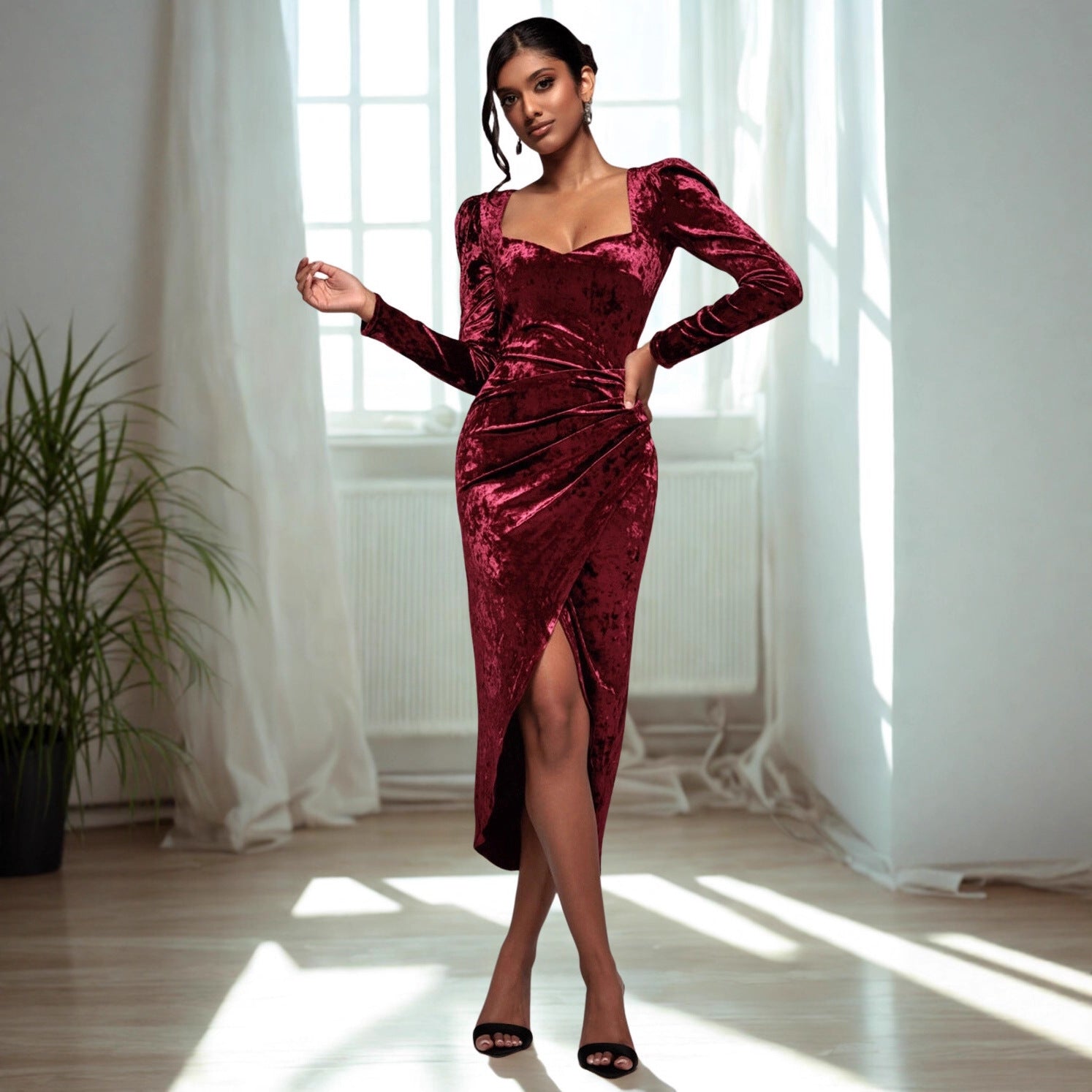 Women Clothing Diamondmax Velvet Party Dress Slim Fit Sheath Long Sleeve Dress by Ragazza