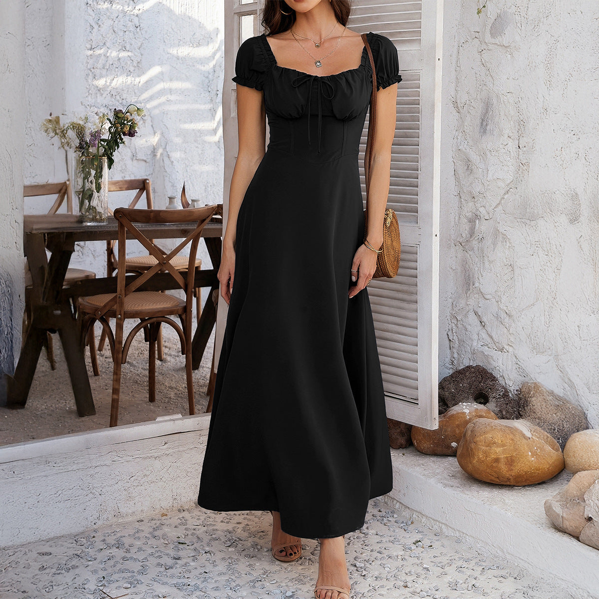 Spring Summer Elegant Solid Color Tied Pleating Puff Sleeve French Dress Women Clothing by Ragazza