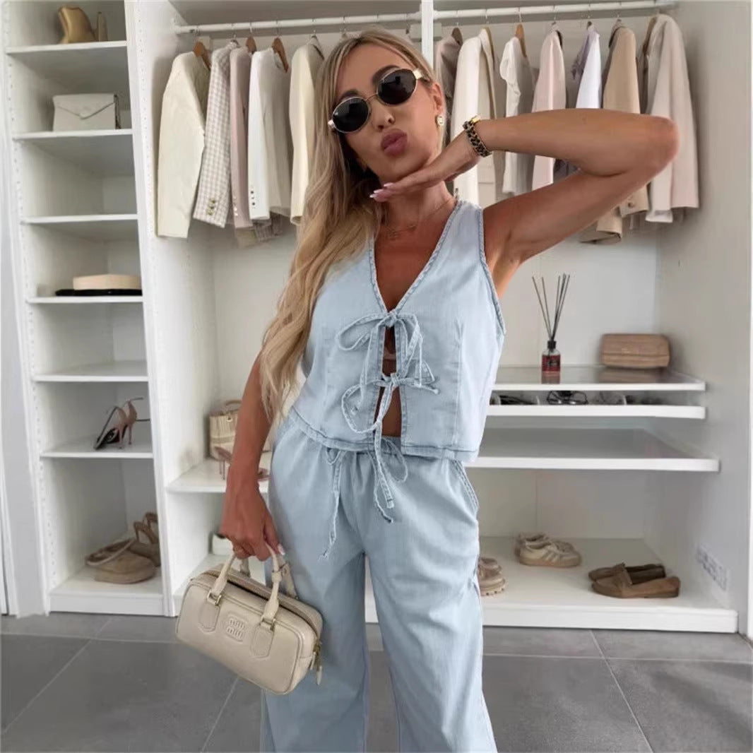 Women Spring Summer Sleeveless Lace up Vest Lace up Wide Leg Jeans Denim Set by Ragazza