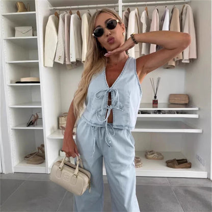 Women Spring Summer Sleeveless Lace up Vest Lace up Wide Leg Jeans Denim Set by Ragazza