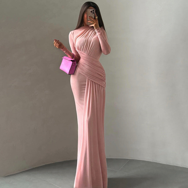 Autumn Winter Women Clothing Solid Color Pleated round Neck Slim Fit Long Sleeved Dress Women by Ragazza