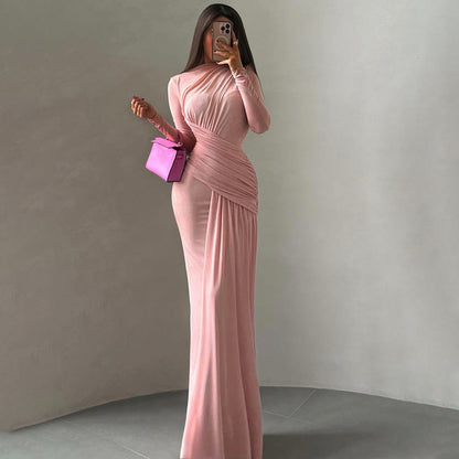 Autumn Winter Women Clothing Solid Color Pleated round Neck Slim Fit Long Sleeved Dress Women by Ragazza