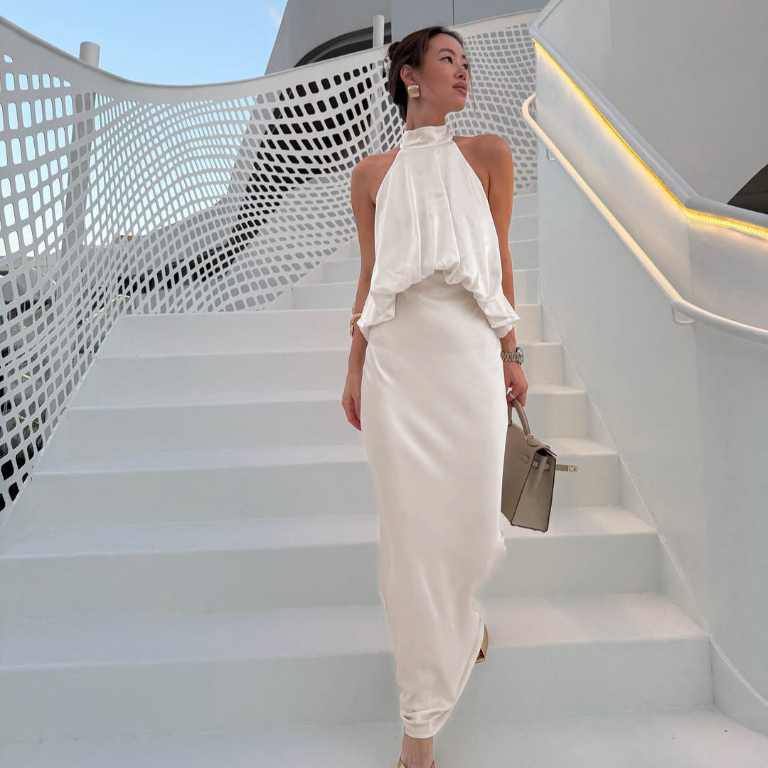 Satin Light Luxury Design Apricot Halter Lace up Backless Slim Fit Sleeveless Women Summer Dress  DestGlow