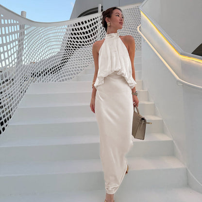 Satin Light Luxury Design Apricot Halter Lace up Backless Slim Fit Sleeveless Women Summer Dress  DestGlow
