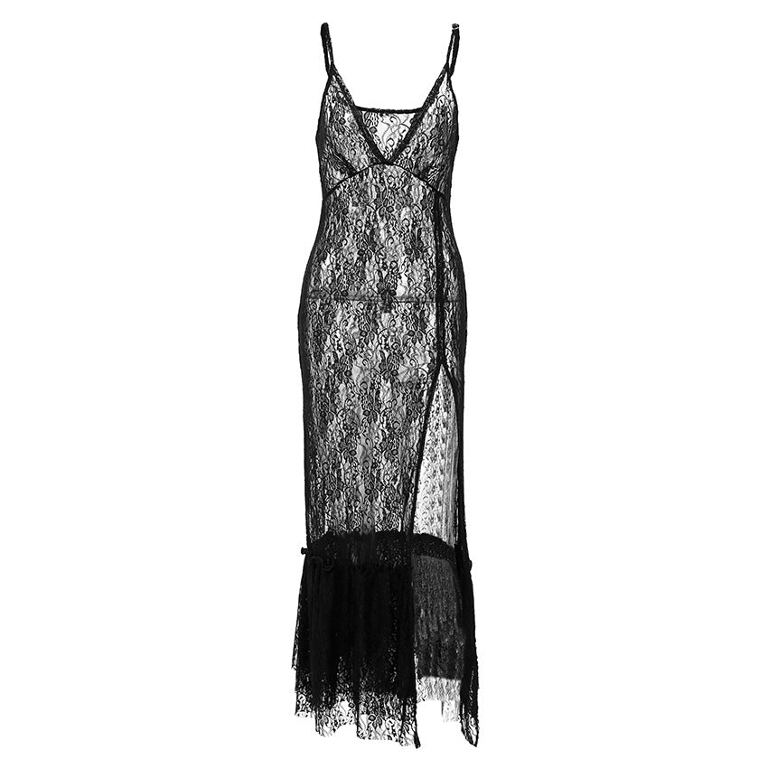 Sexy Black Brocade Lace Strap Maxi Dress Stitching Hollow Out Cutout out See through Dress by Ragazza