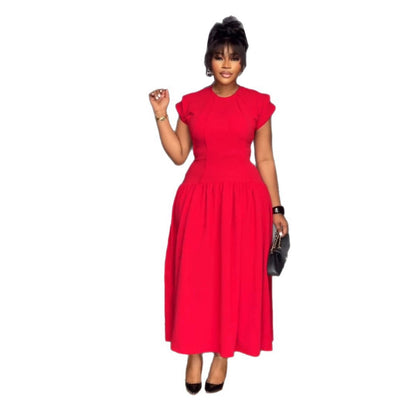 Elegant Elastic Waist Tightening Pleated Flounced Sleeve Lace Dress by Ragazza