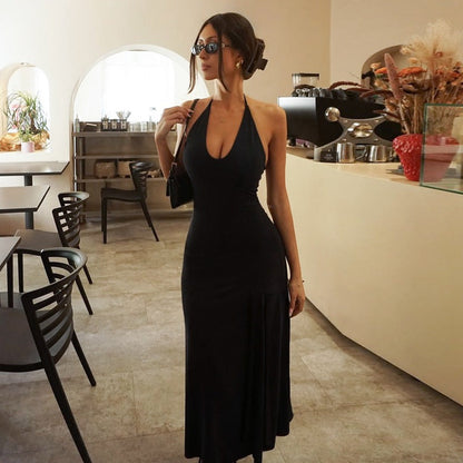 Women Clothing Summer Sexy Low Cut U Collar Halter Lace up Backless Dress  DestGlow