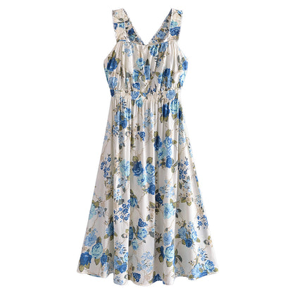 Vacation Summer Cross Backless Rayon Printing Slip Dress by Ragazza