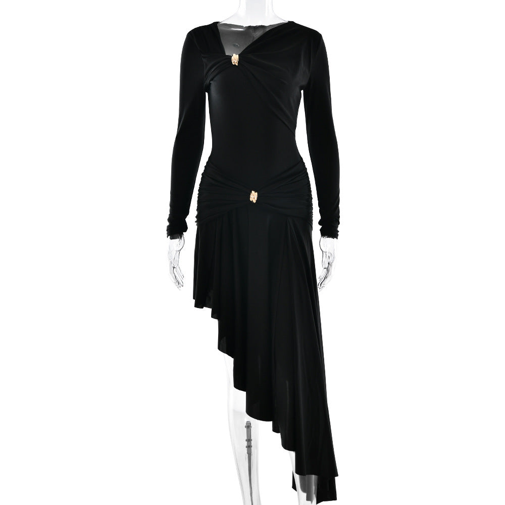 Autumn Winter Graceful Fashionable Women Slim Dress Sexy Pleated Irregular Asymmetric Maxi Dress by Ragazza