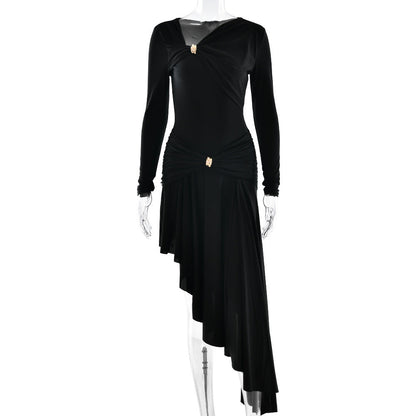 Autumn Winter Graceful Fashionable Women Slim Dress Sexy Pleated Irregular Asymmetric Maxi Dress by Ragazza
