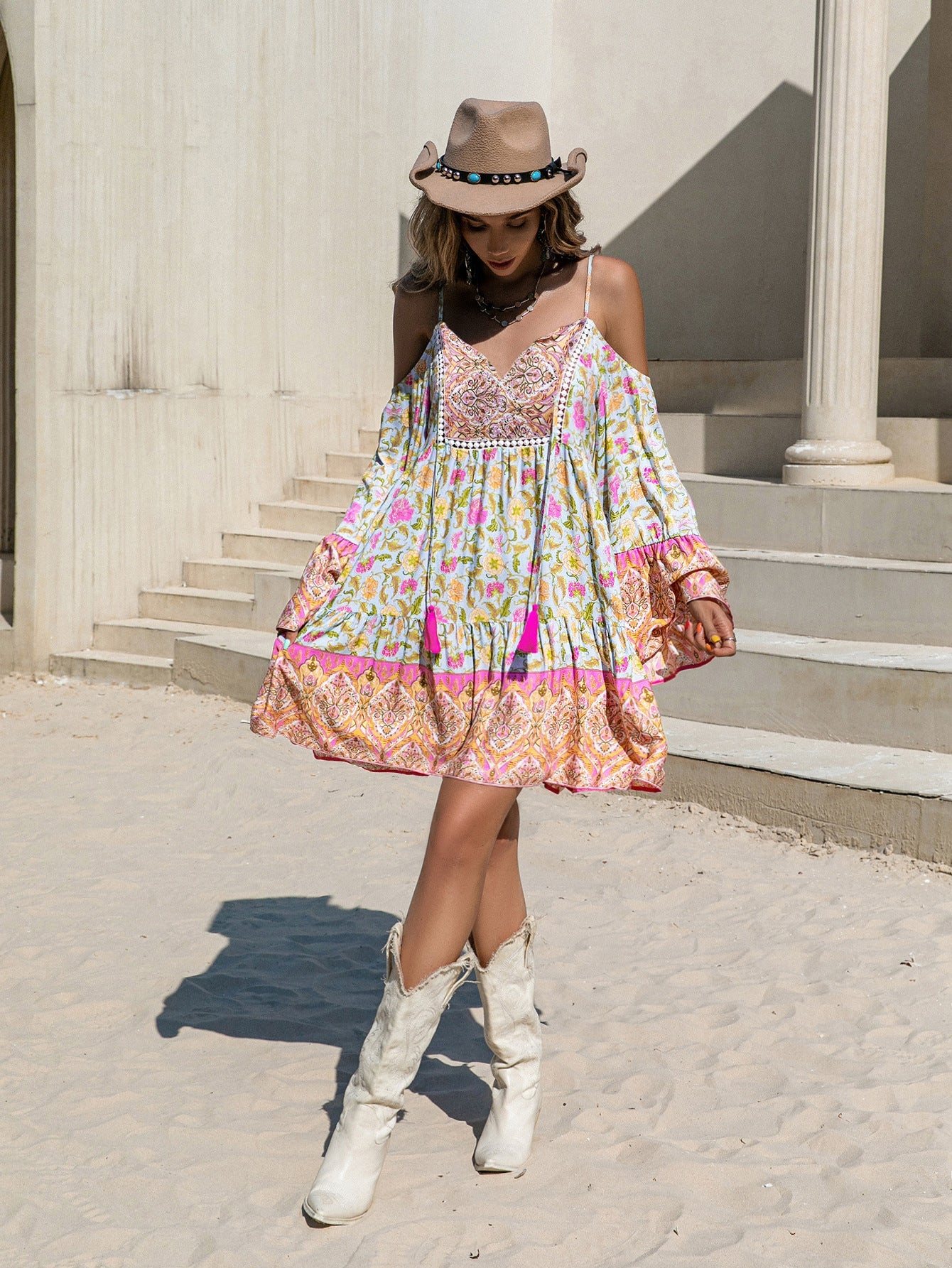 Loose Printed Off Shoulder Tassel Dress Vacation by Ragazza