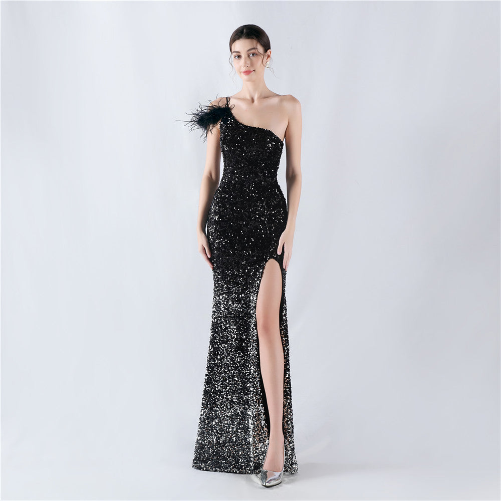 Dress Gradient Velvet Bottom Sequin Craft Order Ostrich Feather One Shoulder Diagonal Collar High Fork Evening Dress by Ragazza