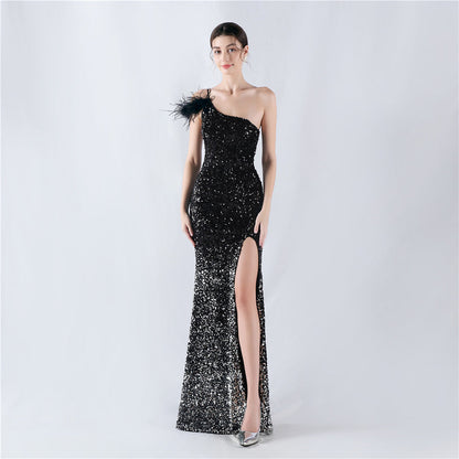 Dress Gradient Velvet Bottom Sequin Craft Order Ostrich Feather One Shoulder Diagonal Collar High Fork Evening Dress by Ragazza
