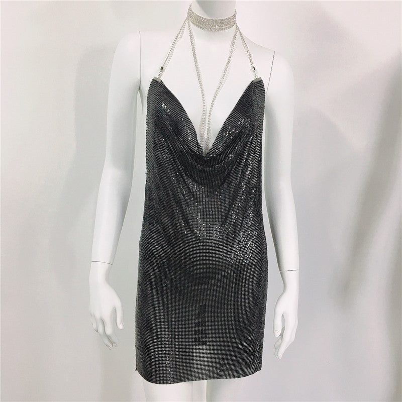 Metallic Coated Fabric Women Clothing Metal Sequ Dress Sexy Sweet Spicy Dress Rhinestone Cami Dress Women by Ragazza