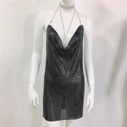 Metallic Coated Fabric Women Clothing Metal Sequ Dress Sexy Sweet Spicy Dress Rhinestone Cami Dress Women by Ragazza