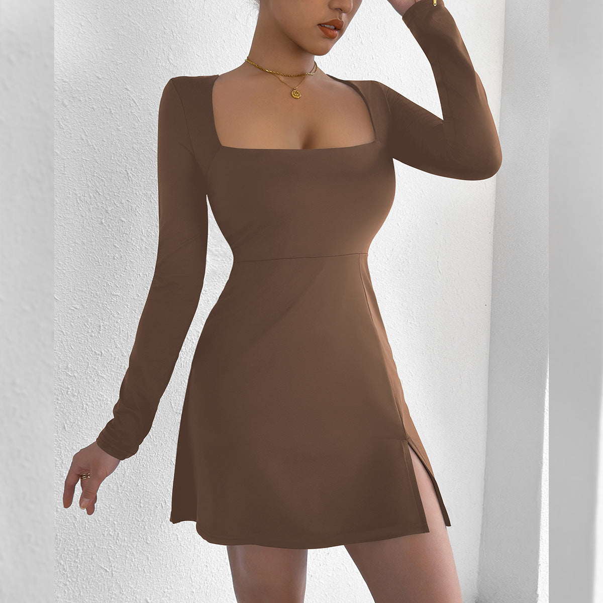 Women Clothing Square Collar Tight Long Sleeve Slit Flared Mini Sexy Dress by Ragazza