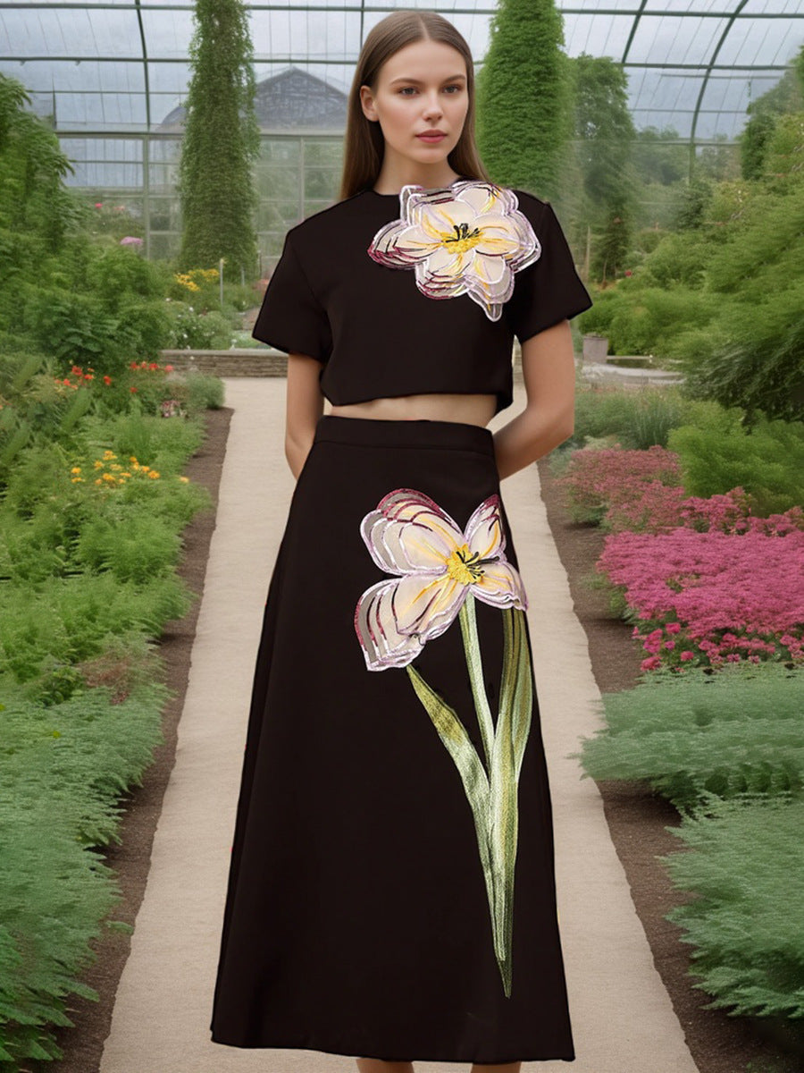 Elegant Summer Retro Waist Controlled Slim Fit Slimming Beautiful Floral Embroidery Design Skirt Two Piece Sets Women by Ragazza