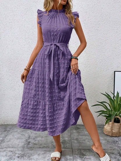 Women Clothing Summer Fashionable Stringy Selvedge Flying Sleeves Lace Up Texture Dress by Ragazza