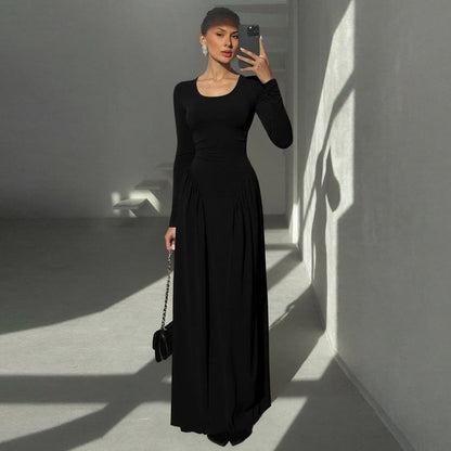 Women Autumn French U Shaped Collar Solid Color Long Sleeve Tied Waist Slimming Dress by Ragazza