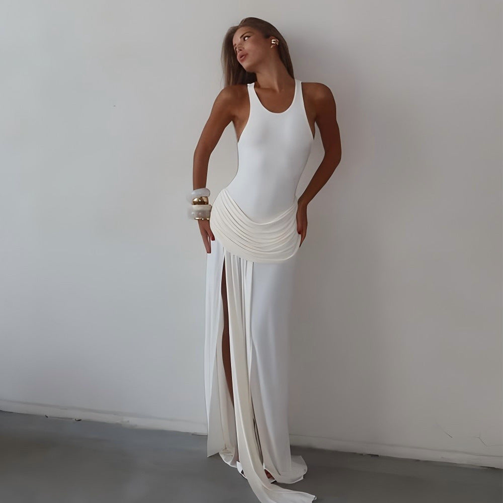 Summer Elegance Split Pleated Dress Sexy Sleeveless Solid Color Mop Dress by Ragazza