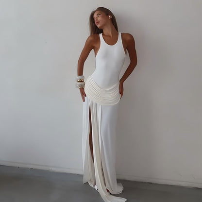 Summer Elegance Split Pleated Dress Sexy Sleeveless Solid Color Mop Dress by Ragazza