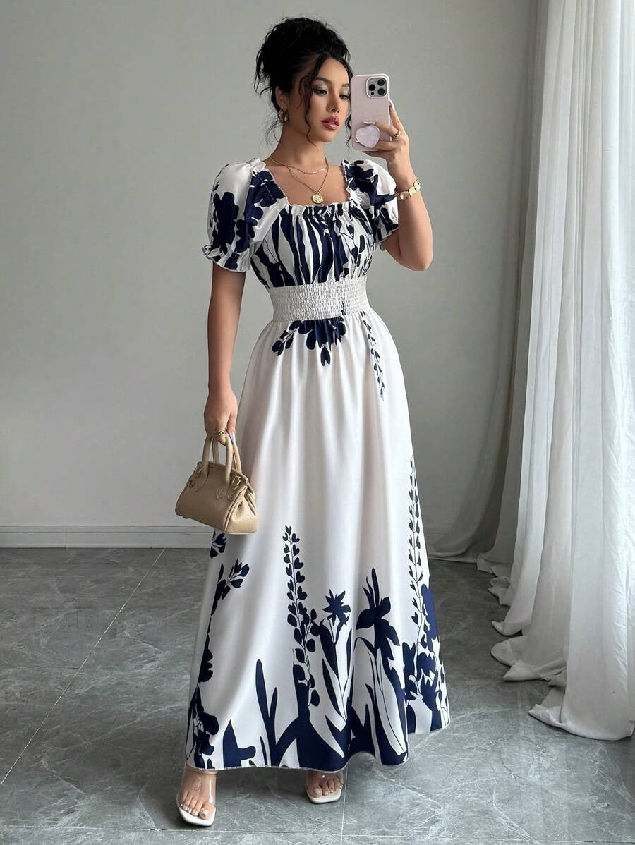 Summer Bubble Sleeve High Waist Tight Waist Women Printed Wear Large Swing Sling Dress by Ragazza