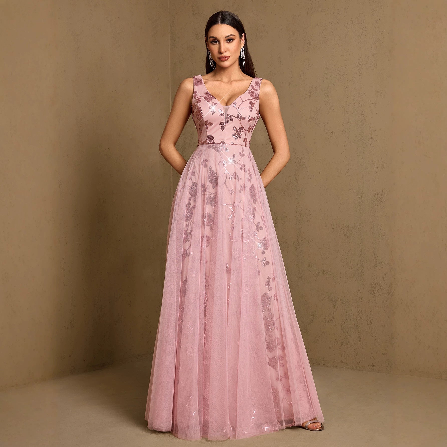 Sexy Deep V Plunge neck Large Swing Evening Dress Elegant Sexy Strap Pattern Sequin Gauze Dress Women by Ragazza