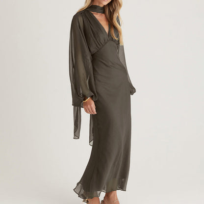 Elegant Women Clothing Autumn Design Pleated Dress Fashionable Scarf V neck Long Sleeve Narrow Maxi Dress by Ragazza