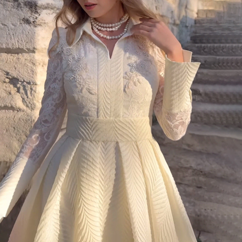 White Front Chest Floral Beads Lace Yarn French Retro Long Sleeve Slim Dress by Ragazza
