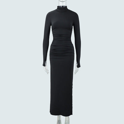 Autumn Stand Collar Long Sleeve Pleated Sexy Slit Hip Bag Dress Women by Ragazza