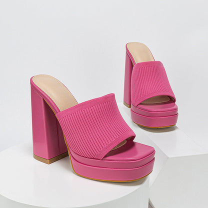 Women Shoes Popular Spring Summer Catwalk Platform Knitted Fashionable Chunky Heel Women High Heel Slippers  DestGlow