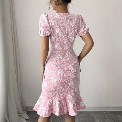 Summer Package Hip Fishtail Dress Office Printing round Neck Dress by Ragazza