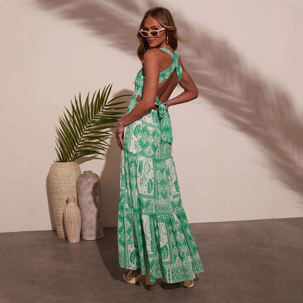 Summer Women Clothing Office Sleeveless Sexy Printed Long Sling Dress  DestGlow