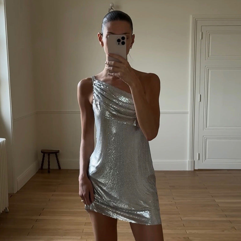 Women Clothing Spring Solid Color Sexy Slim Sleeveless Diagonal Collar Glossy One Shoulder Short Dress by Ragazza