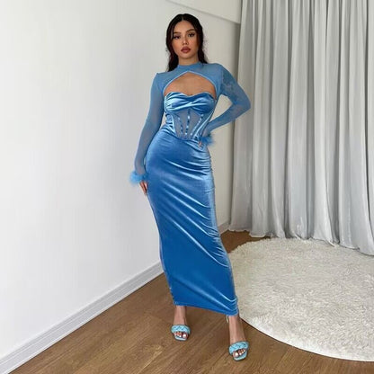 Fall Women Clothing Plush Mesh Stitching Night Club Hollow Out Cutout Dress Slim Fit Dress by Ragazza