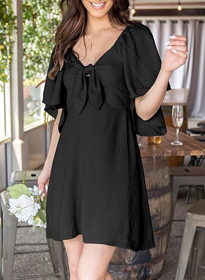 Women Clothing Shein V Neck Bow Lace Up Short Sleeve Mini Dress by Ragazza