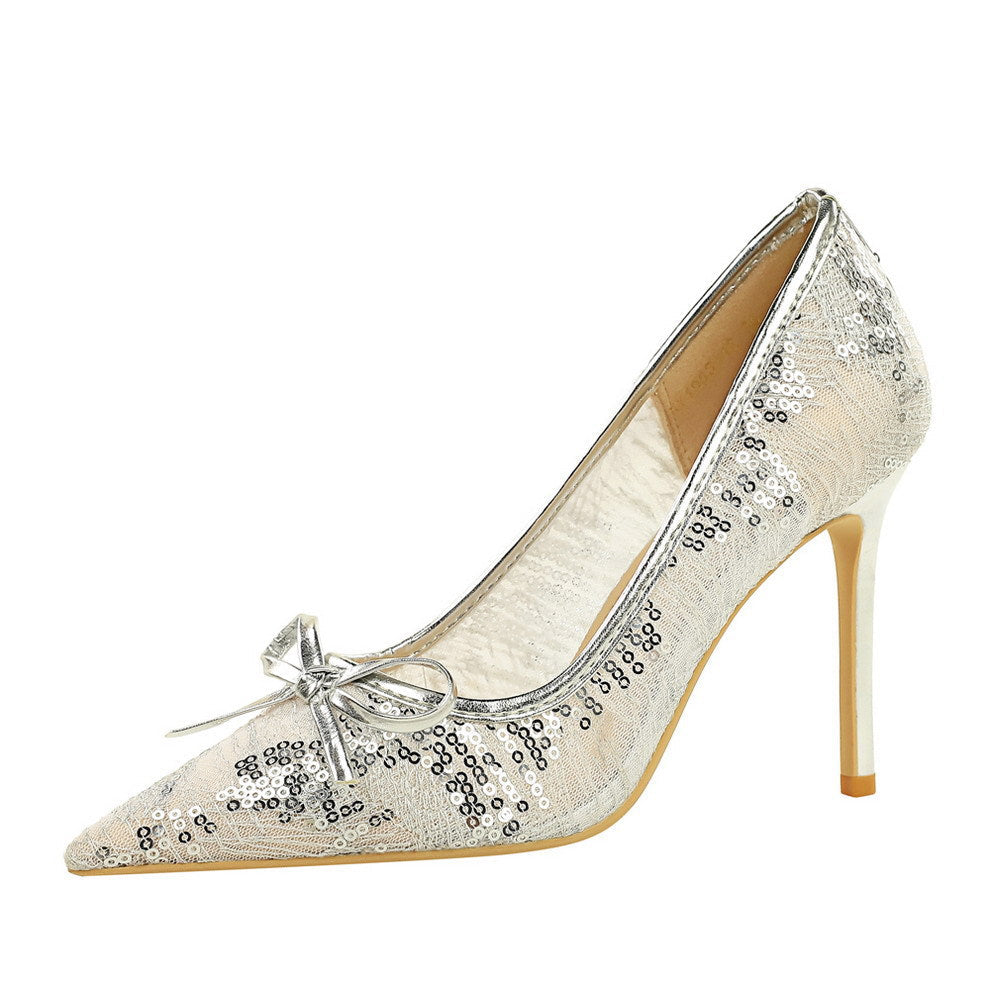 Sexy Party Lace Sequ Decorative Bowknot Slip on Super High Heel Pointed Toe  DestGlow