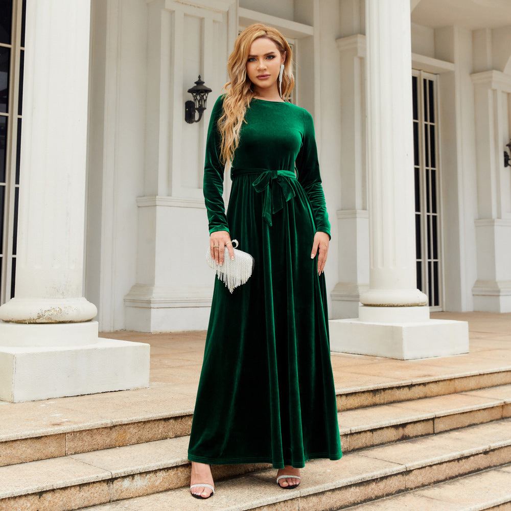 Autumn Winter Elegant Graceful Socialite Maxi Dress Gold Velvet Solid Color High Grade Dress by Ragazza