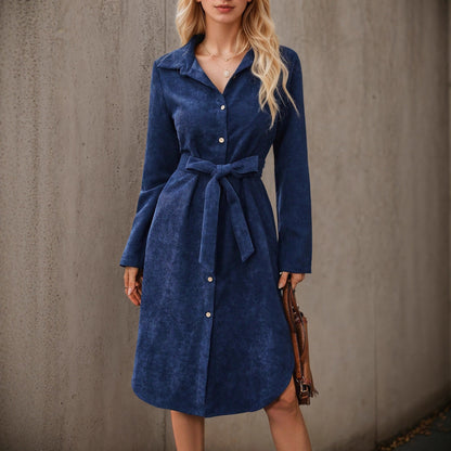 Autumn Winter Long Sleeves Corduroy Dress Front Cardigan Belt Irregular Asymmetric Shirt Dress by Ragazza