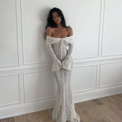 Autumn Winter Women Clothing off Neck Sexy Long Sleeve off Shoulder Lace Hollow Out Cutout out Slim Fit Fishtail by Ragazza