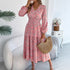 Autumn Winter Elegant Floral V neck Long Sleeve Waist Trimming Ruffles A line Women Clothing by Ragazza